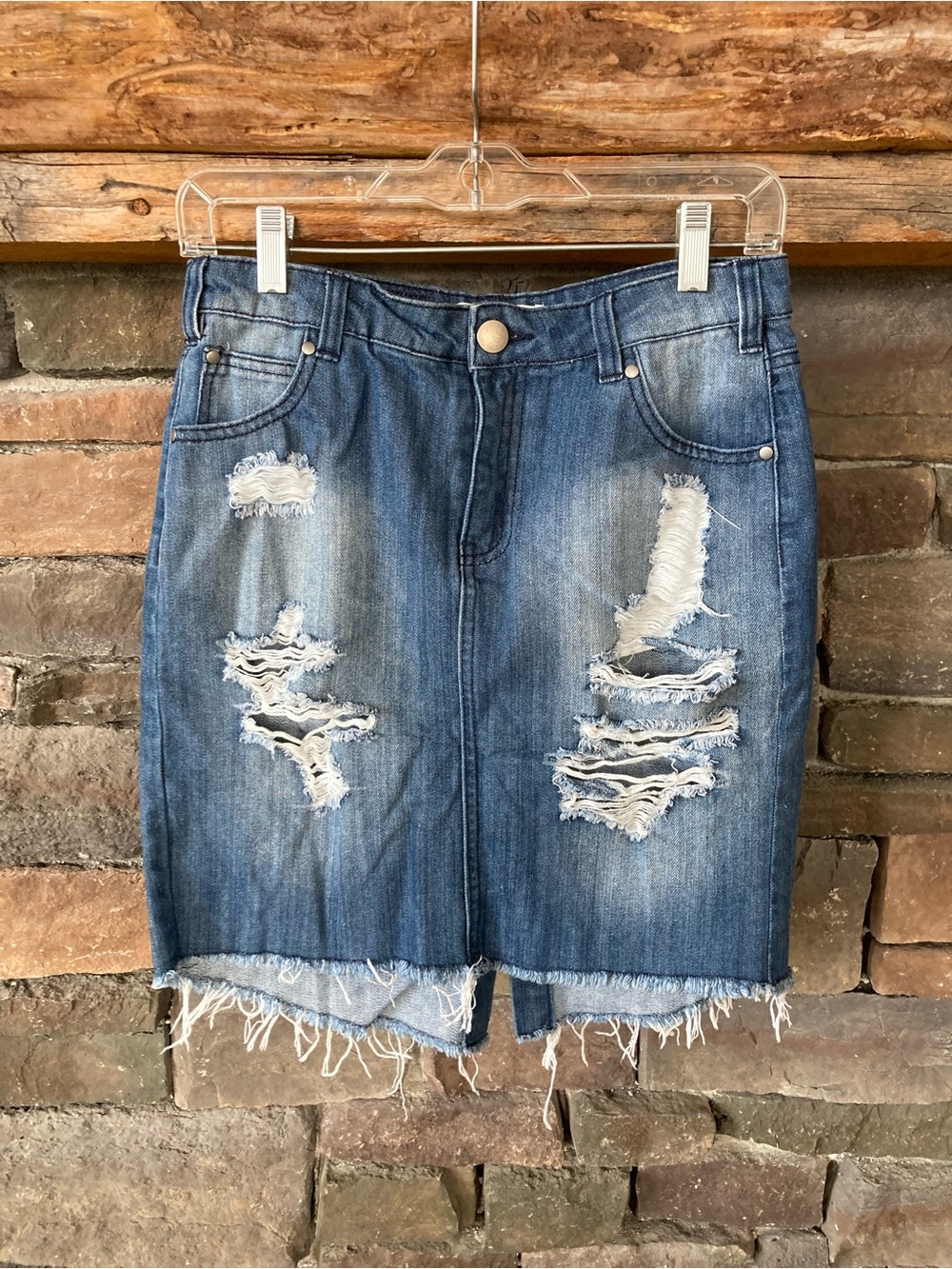 Love Fire Distressed Grunge Denim Raw Hem Mini Skirt Size 26